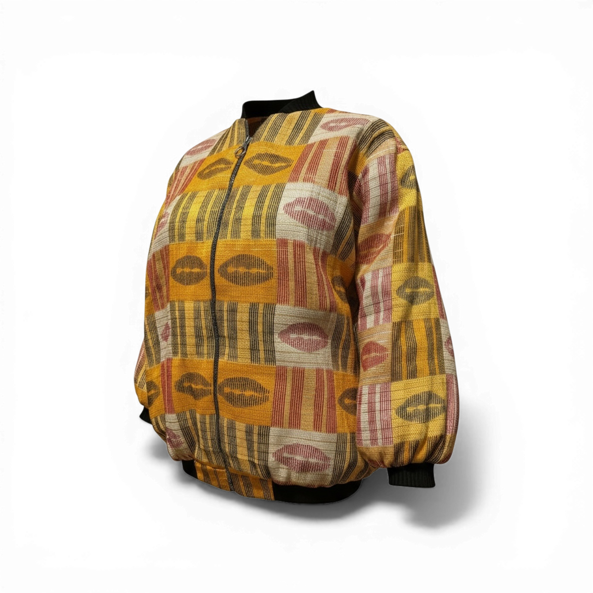 Patterned akwete jacket with a mix of colors on a white background