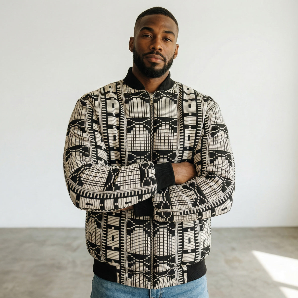 Nkem Akwete Black & White Bomber Jacket (Sample) - LOVE DOT, Inc.