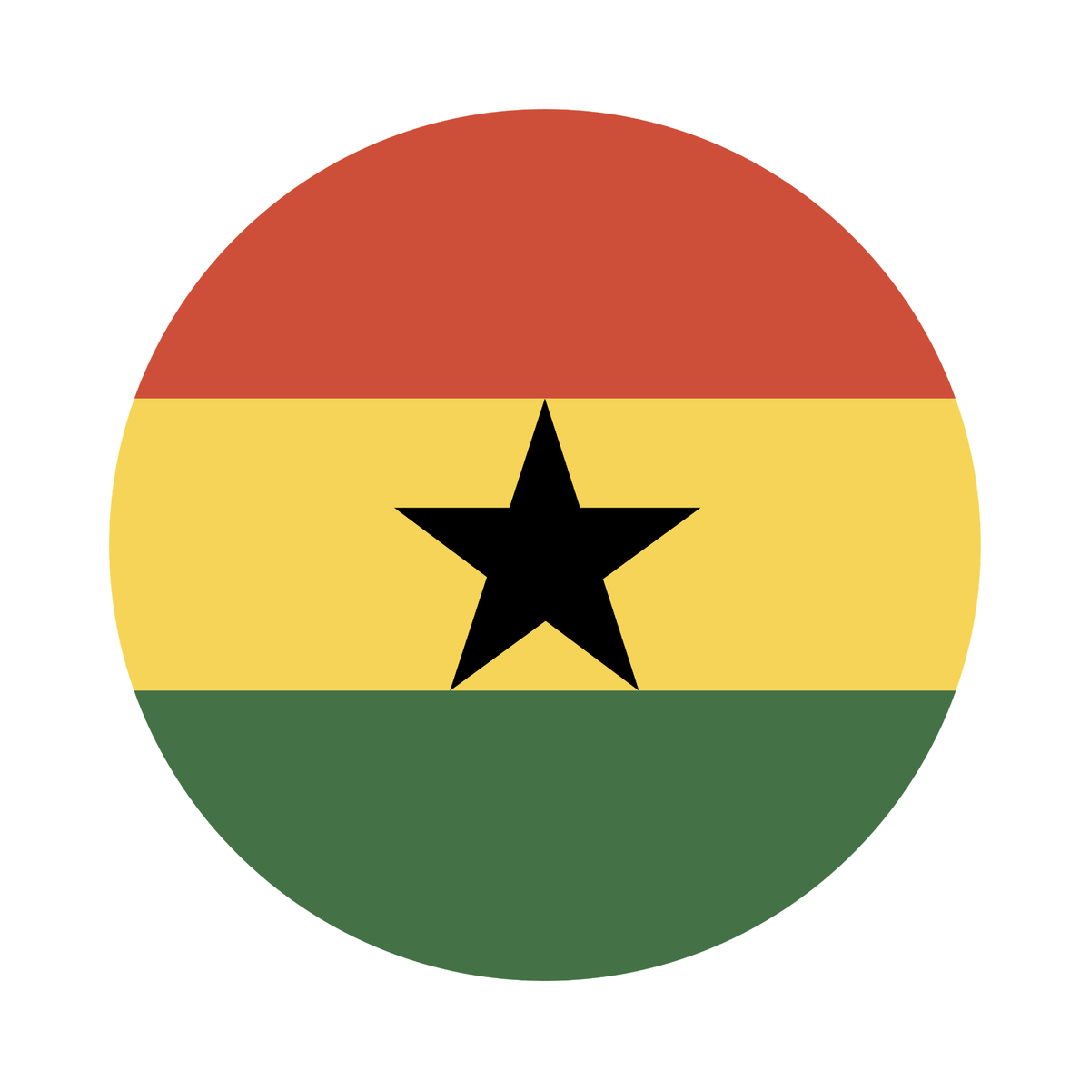 Flag of Ghana in a circular shape with red, yellow, and green colors and a black star.