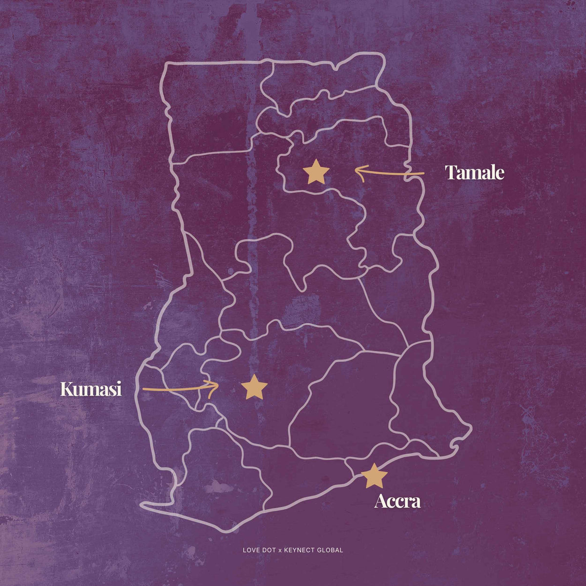 Map of Ghana with cities labeled on a purple textured background