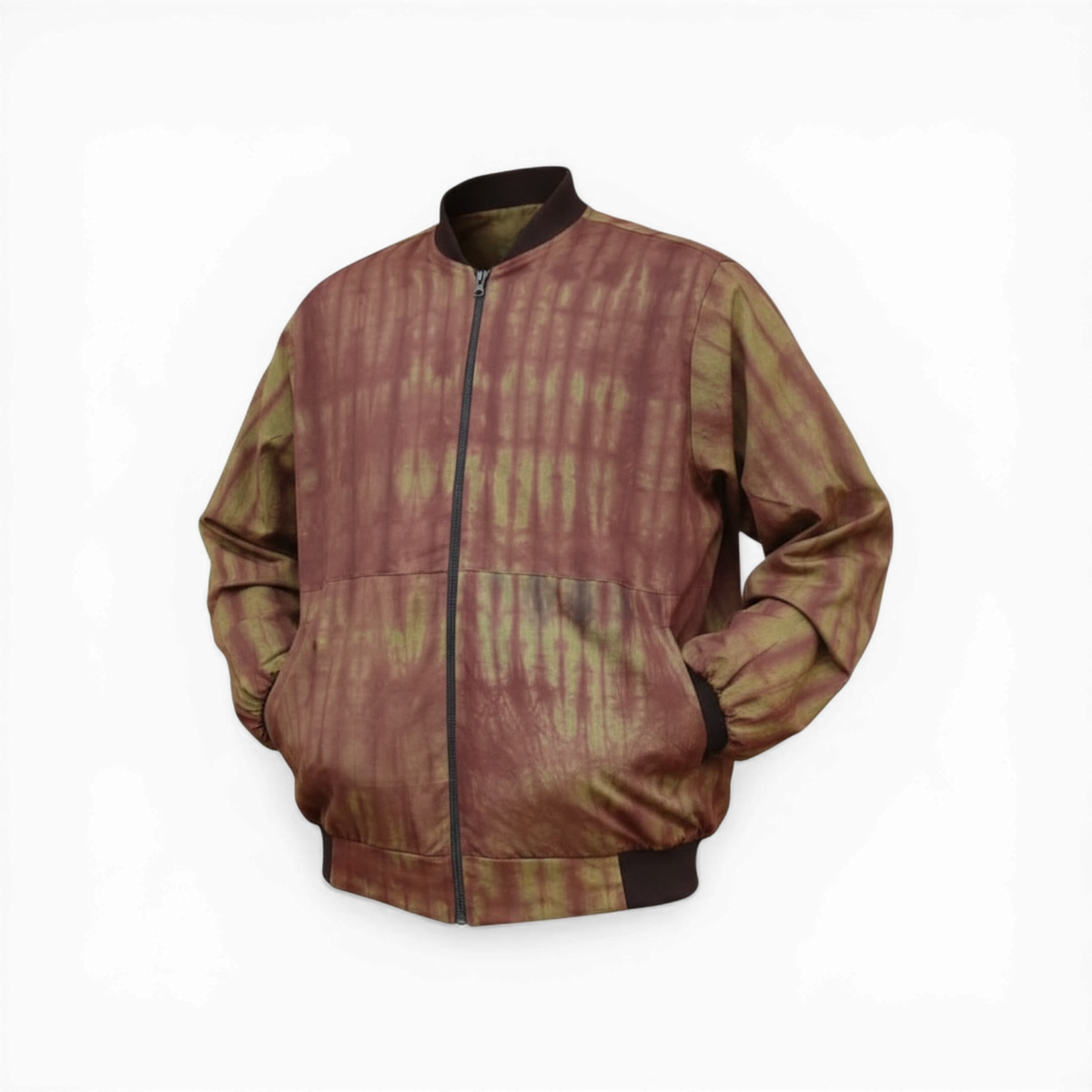 Brown and green patterned adire  jacket on a white background