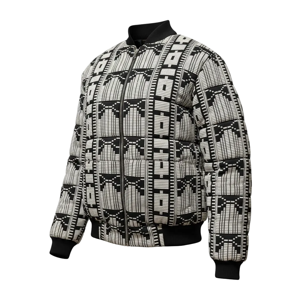 Black and white patterned akwete bomber jacket on a white background