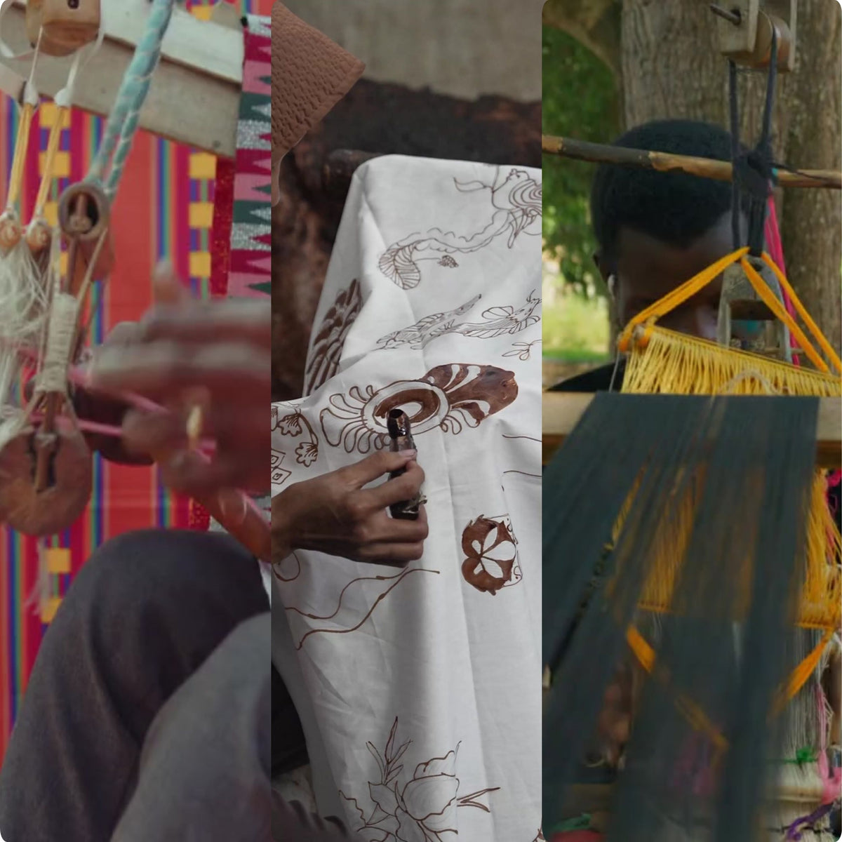 Collage of people using traditional weaving tools with colorful backgrounds