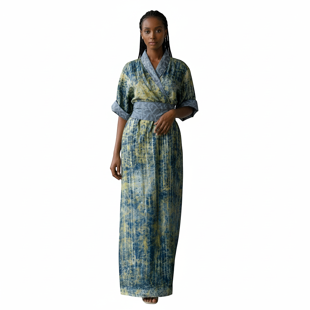 Woman wearing a long, batik patterned dress on a white background