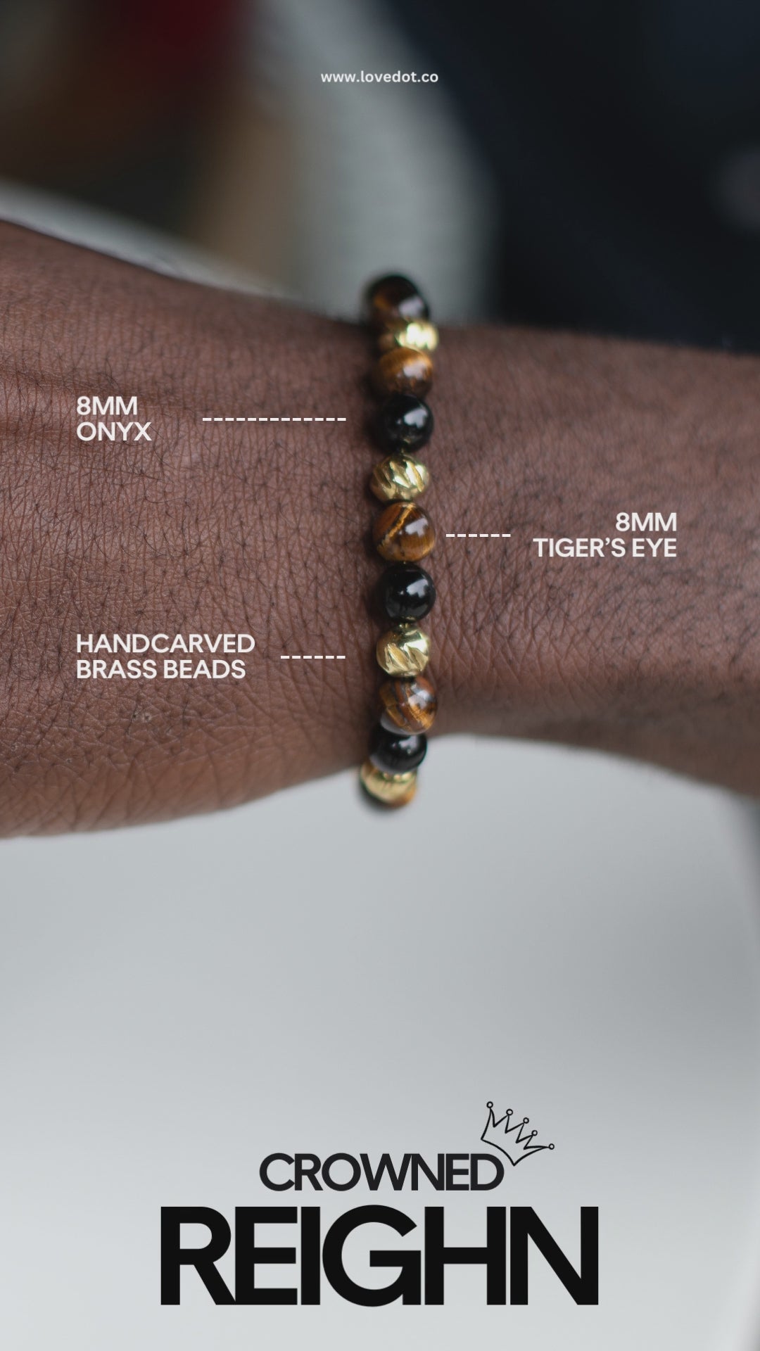 Each REIGHN bracelet features 8MM alternating Tiger's Eye, Onyx, Agate, and Vermeil Plated Gold semi-precious beads