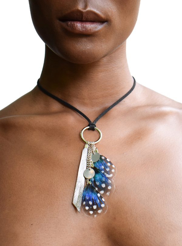 Blue Mustard Feather Necklace - LOVE DOT, Inc.